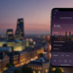 A sleek, modern smartphone displaying the Starling Bank app interface with vibrant purple branding, set against a blurred cityscape of London at dusk.