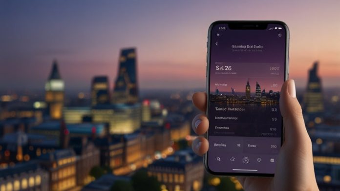 A sleek, modern smartphone displaying the Starling Bank app interface with vibrant purple branding, set against a blurred cityscape of London at dusk.