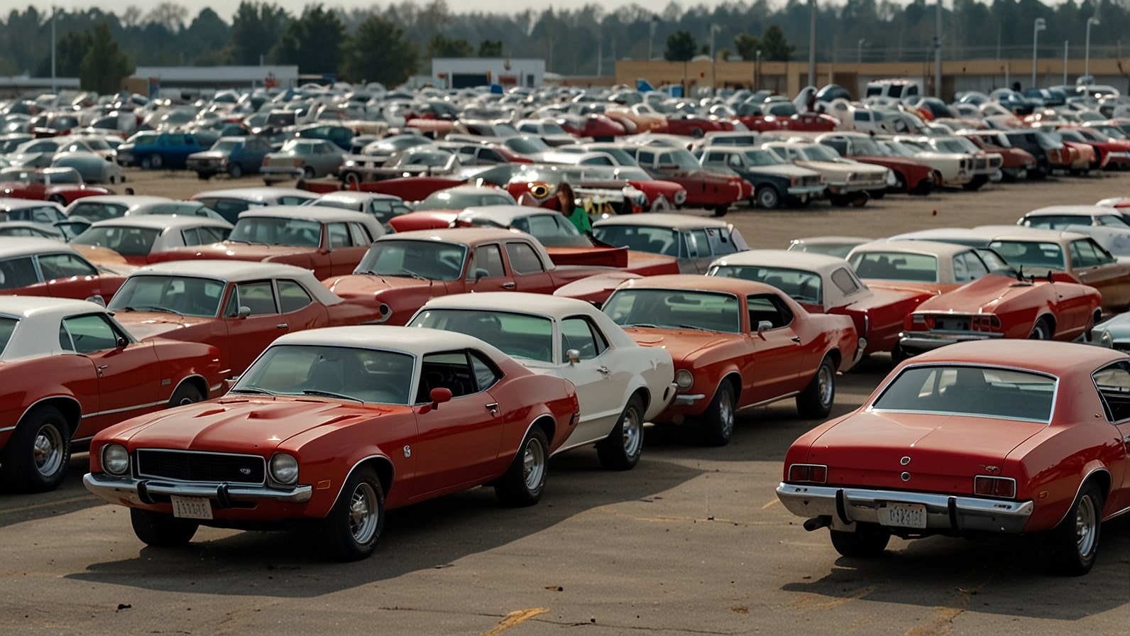 A row of Ford Maverick pickup trucks parked at a dealership, with a focus on a red Maverick in the foreground under bright daylight.