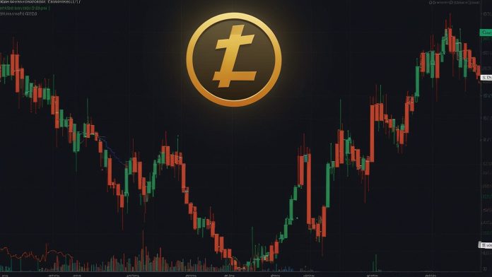 A digital candlestick chart displaying Litecoin’s price movements over the past month, with a focus on the recent 3.5% daily drop, overlaid with technical indicators like RSI and moving averages.