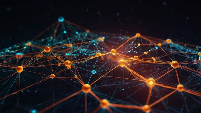 Digital illustration of a vibrant blockchain network with interconnected nodes and glowing Solana logo, symbolizing speed and scalability in a futuristic cryptocurrency ecosystem.