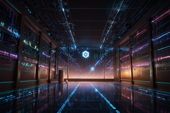 Digital illustration of XRP tokens being released from a stylized escrow vault with a blockchain background, symbolizing Ripple’s June 2025 token unlock.