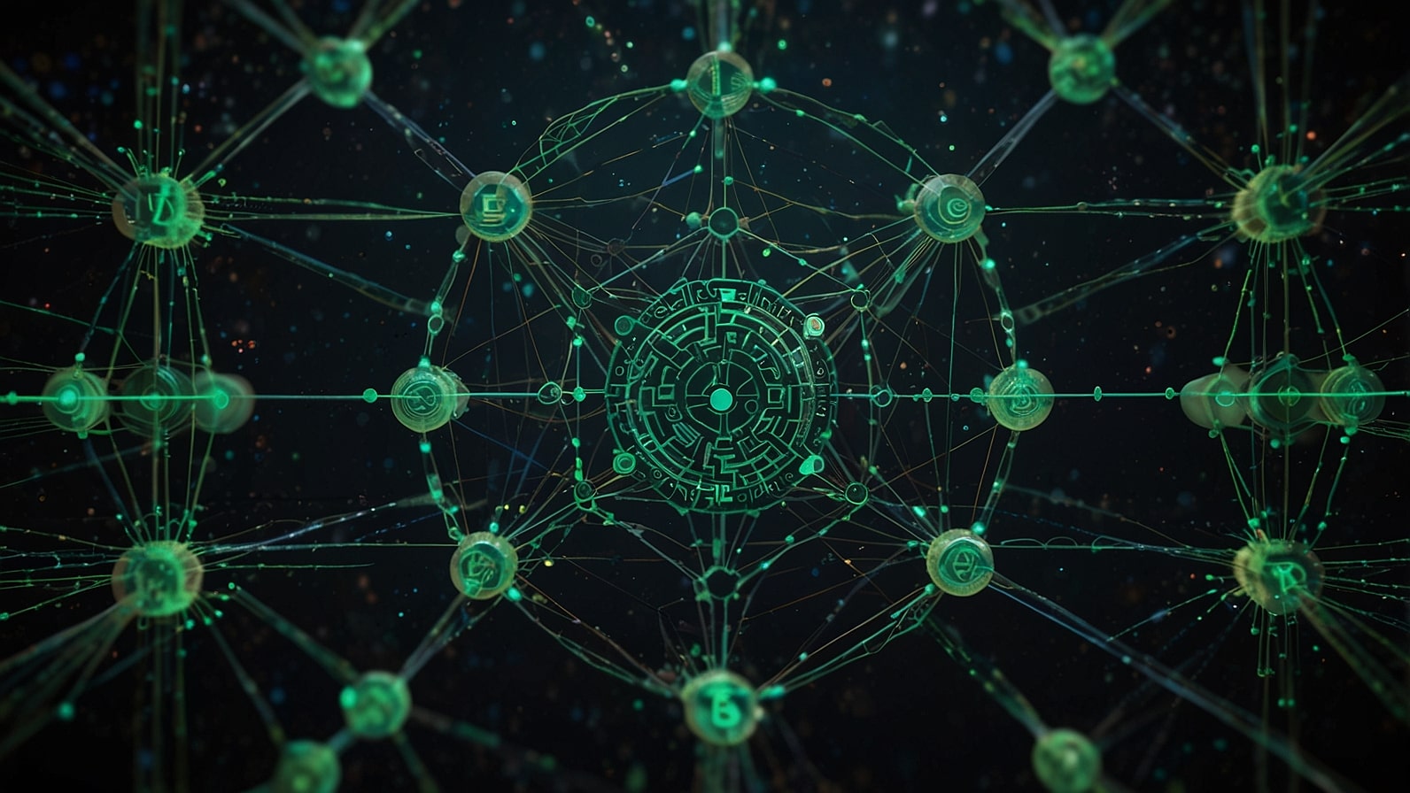 Digital illustration of a vibrant blockchain network with interconnected nodes and glowing Solana logo, symbolizing speed and scalability in a futuristic cryptocurrency ecosystem.