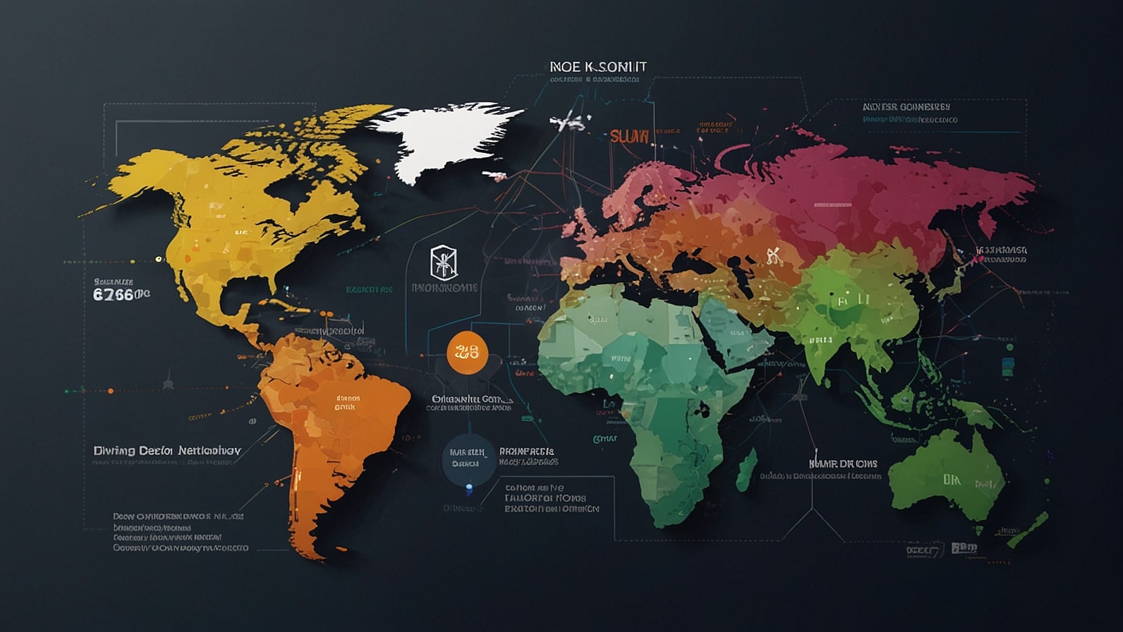 Digital illustration of a global investment portfolio, featuring icons of technology, healthcare, and consumer sectors with a world map backdrop, representing Scottish Mortgage Investment Trust’s diverse holdings.