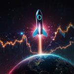 Vibrant digital artwork of a rocket labeled “XRP” soaring toward a $1,000 price target, surrounded by financial charts and Ripple’s logo against a futuristic global map.