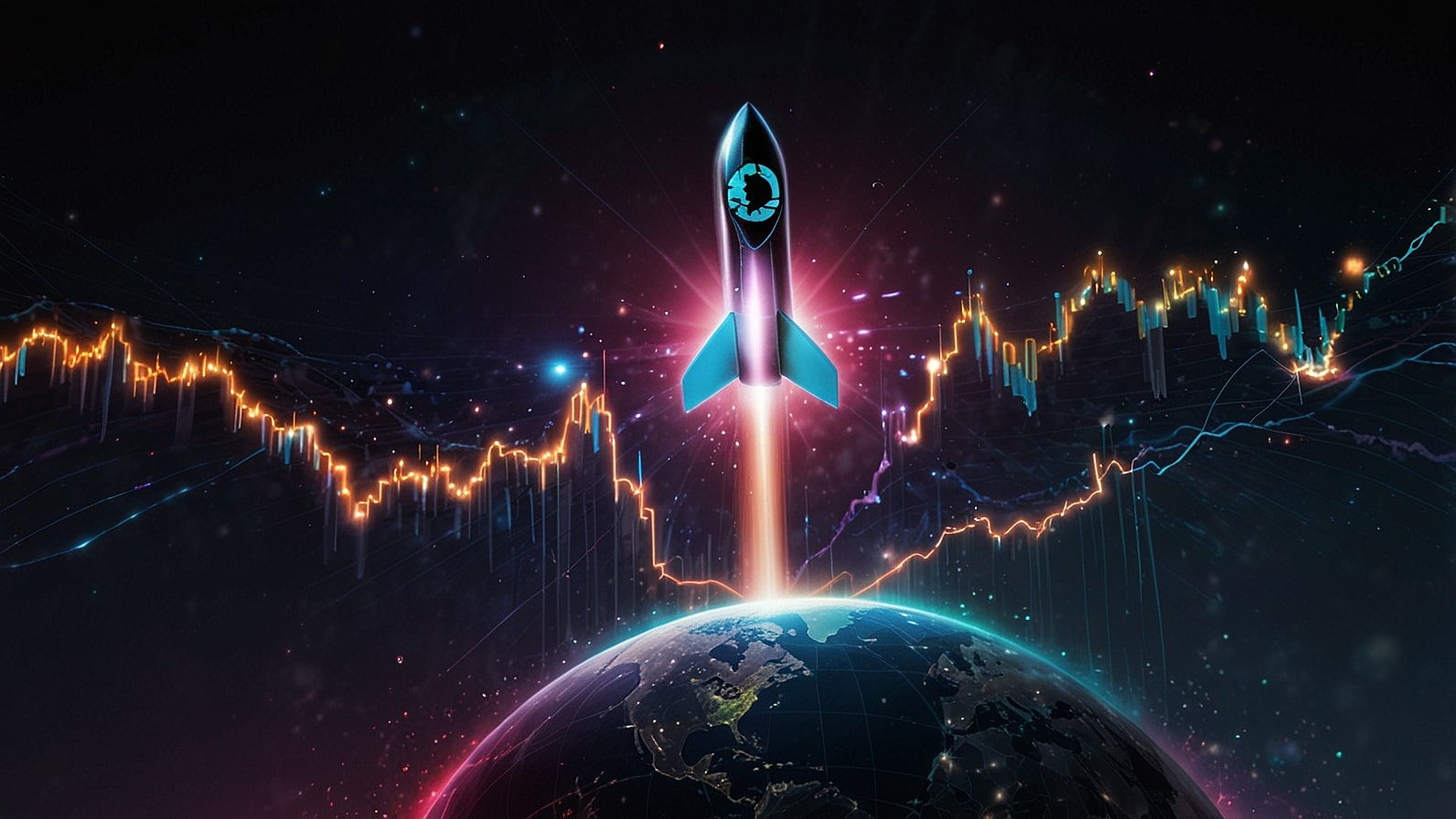 Vibrant digital artwork of a rocket labeled “XRP” soaring toward a $1,000 price target, surrounded by financial charts and Ripple’s logo against a futuristic global map.
