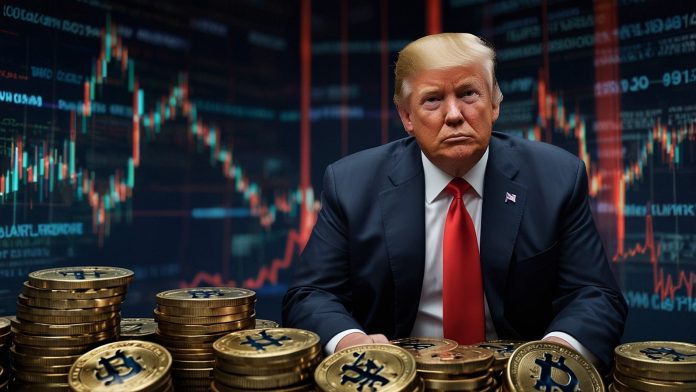 A bold digital illustration depicting a UK investor purchasing $TRUMP meme coins on a blockchain platform, surrounded by FCA logos, GBP symbols, and volatile market charts, highlighting the regulatory risks of meme coins.
