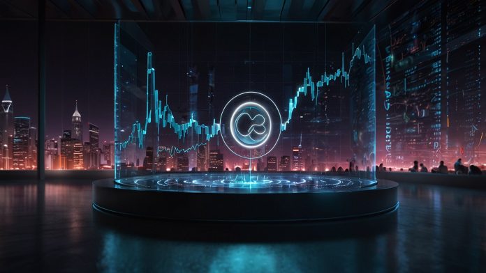 Digital illustration of a futuristic vault releasing glowing XRP tokens into a vibrant cryptocurrency market, with charts and data streams in the background.