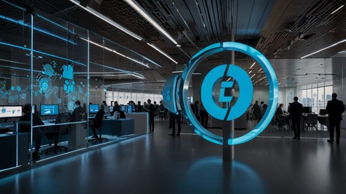 A futuristic digital illustration of Barclays’ logo surrounded by interconnected financial technology icons, set against a sleek blue and white background representing innovation.