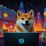 Digital artwork contrasting Rexas Finance’s futuristic asset tokenization platform with the playful mascots of Dogecoin and Shiba Inu, set against a backdrop of blockchain networks and market charts.