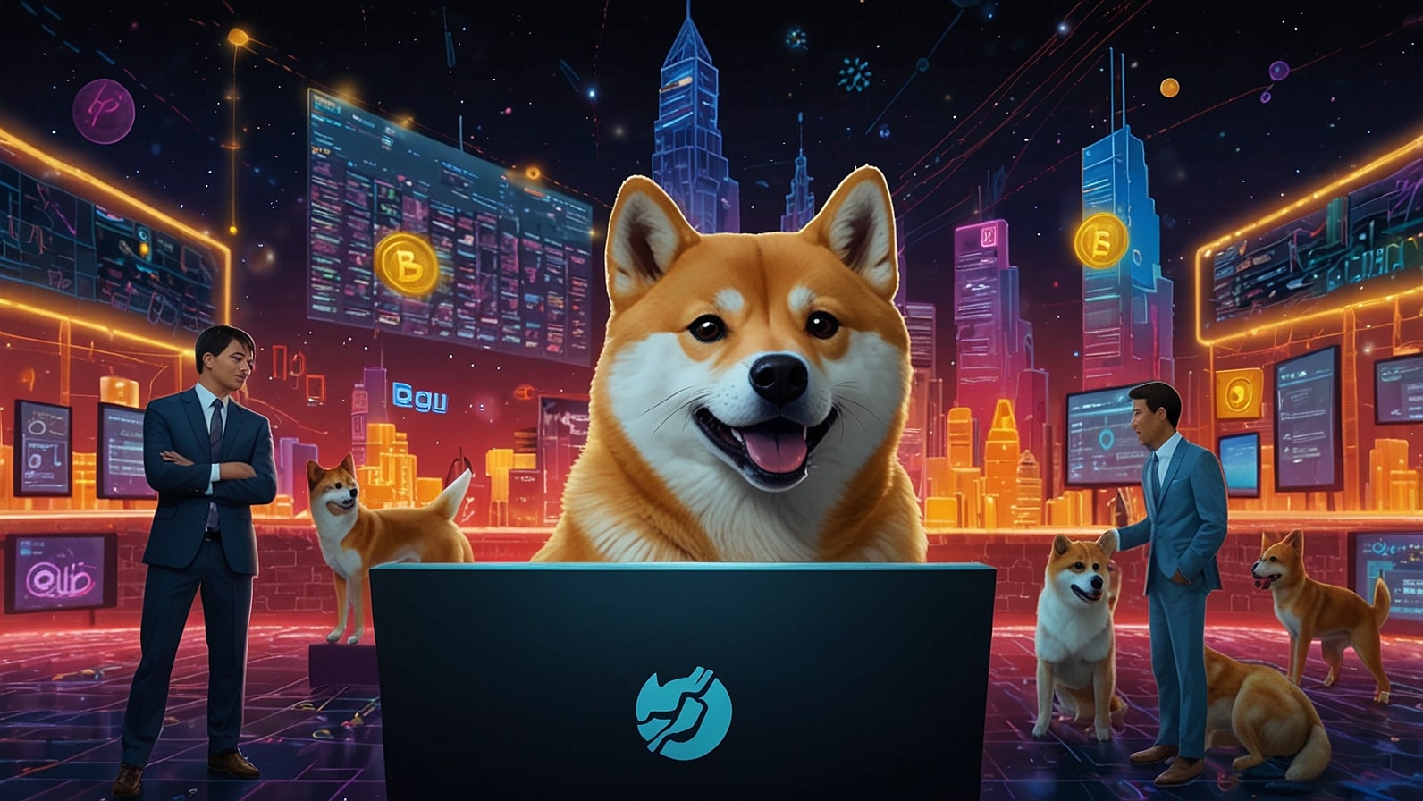 Digital artwork contrasting Rexas Finance’s futuristic asset tokenization platform with the playful mascots of Dogecoin and Shiba Inu, set against a backdrop of blockchain networks and market charts.