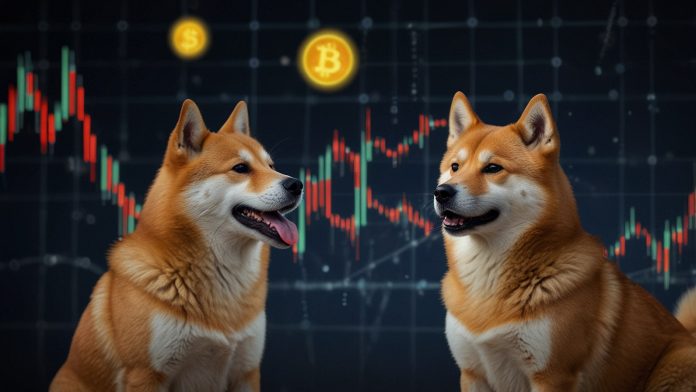 A digital illustration comparing Shiba Inu (SHIB) and XRP cryptocurrencies, featuring a Shiba Inu dog holding a coin on one side and a futuristic XRP logo with a global network on the other, set against a vibrant financial chart background.