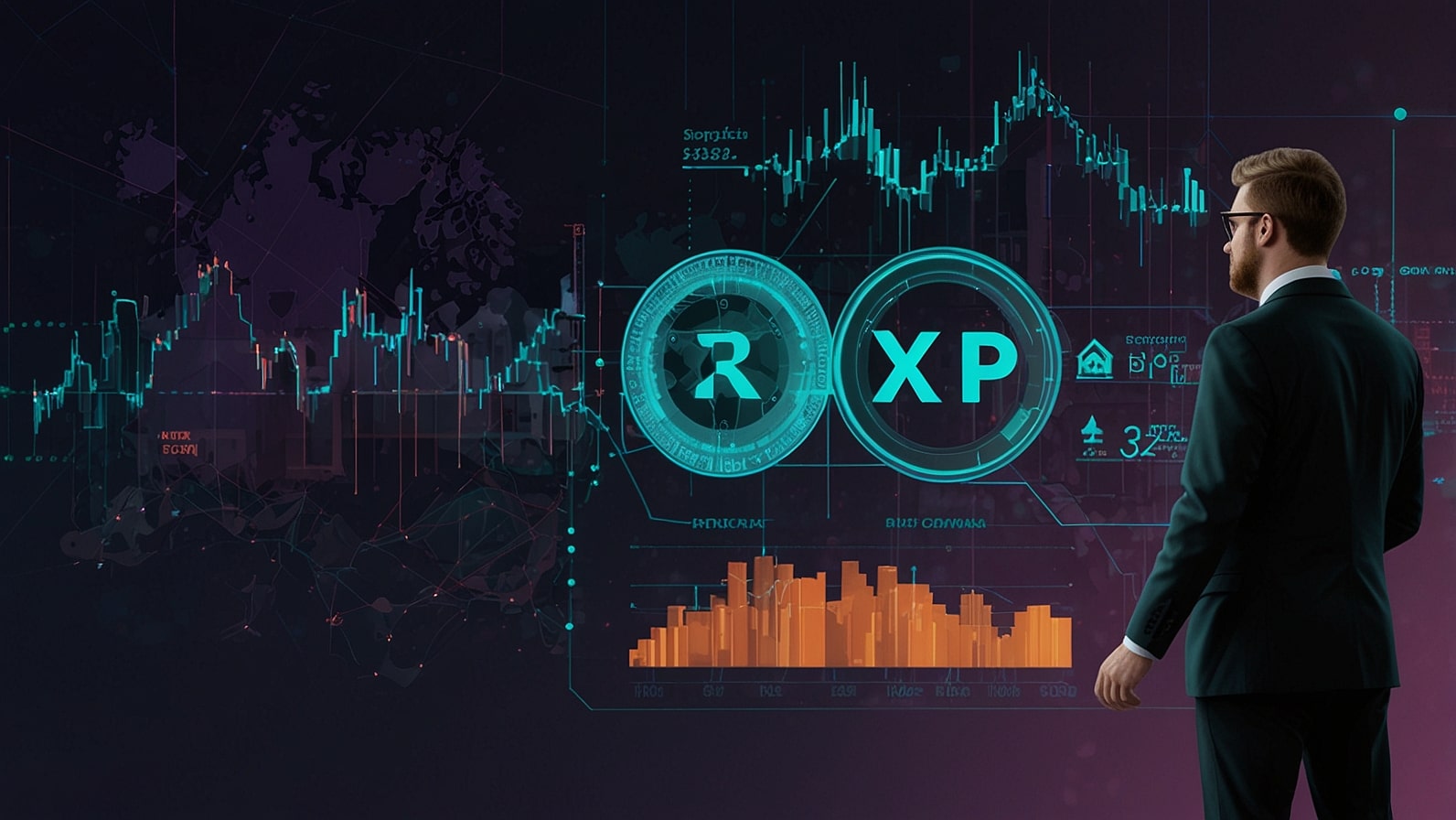 A vibrant digital illustration showing a UK investor navigating a blockchain interface to buy XRP, with icons of GBP, FCA logos, and secure wallets, set against a backdrop of regulatory documents and market charts.