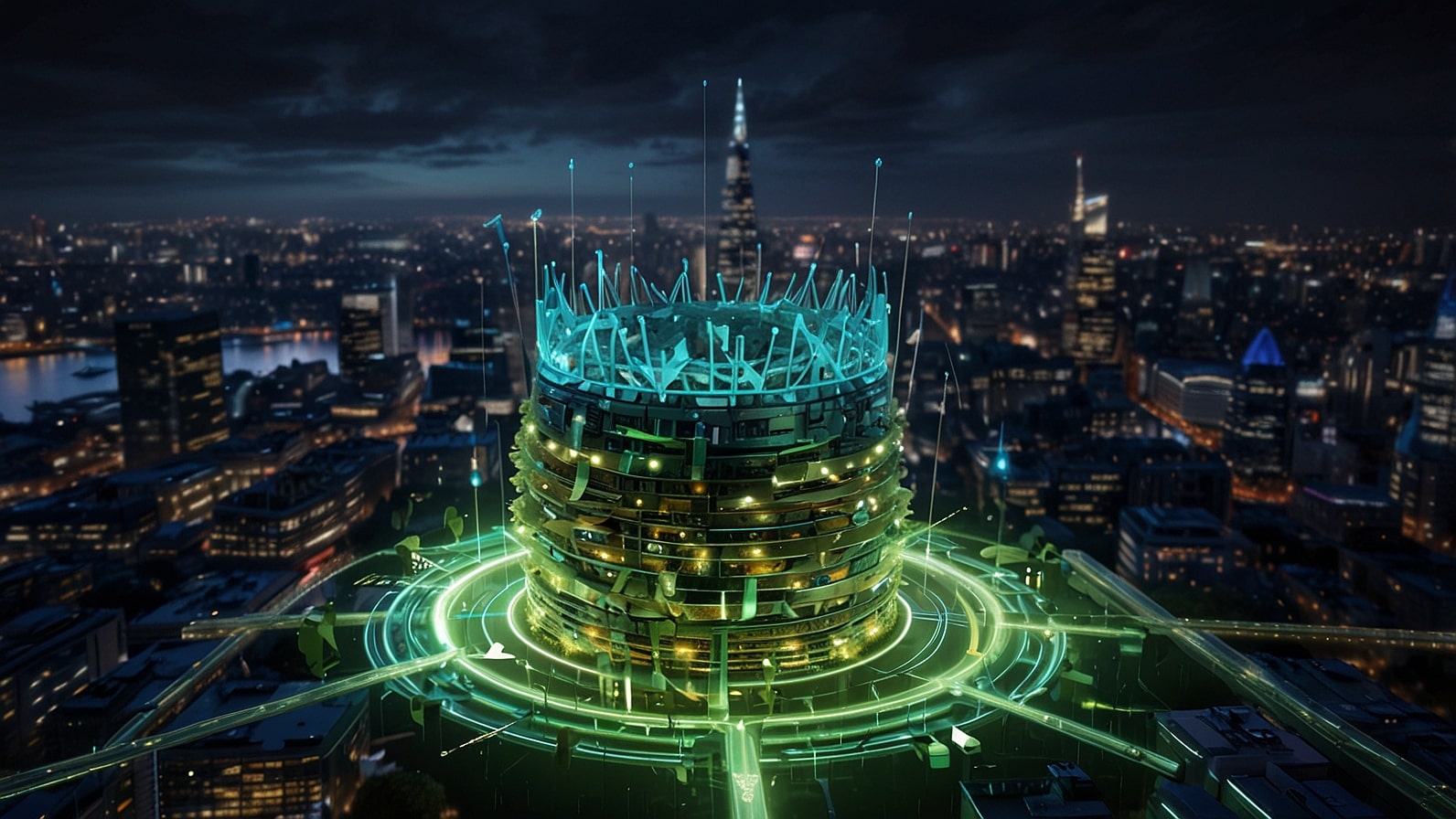 A vibrant illustration showing a futuristic nest intertwined with digital circuits, graphs, and upward arrows, symbolizing rapid business growth and technological advancement in the UK.