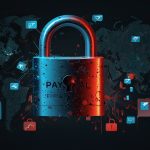 A digital illustration depicting a cybersecurity breach with a PayPal logo in the background, showing a padlock with a crack and scattered personal data icons like Social Security numbers and credit cards, symbolizing the 2022 data breach.