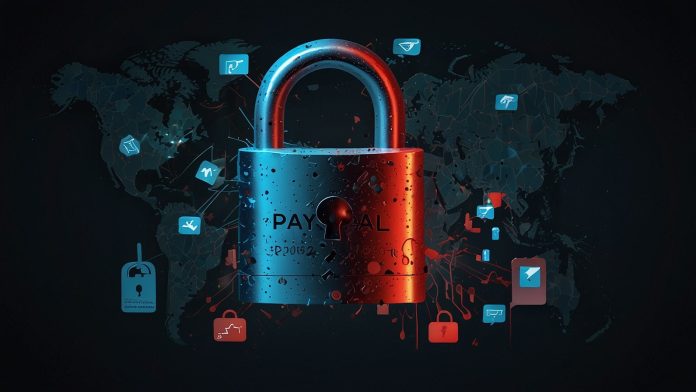 A digital illustration depicting a cybersecurity breach with a PayPal logo in the background, showing a padlock with a crack and scattered personal data icons like Social Security numbers and credit cards, symbolizing the 2022 data breach.