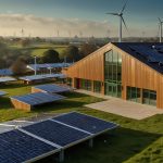 A dynamic illustration depicting community buildings in the UK adorned with solar panels, battery storage, and EV chargers, under a bright blue sky, representing Great British Energy's £10 million funding to cut energy bills and promote green power.