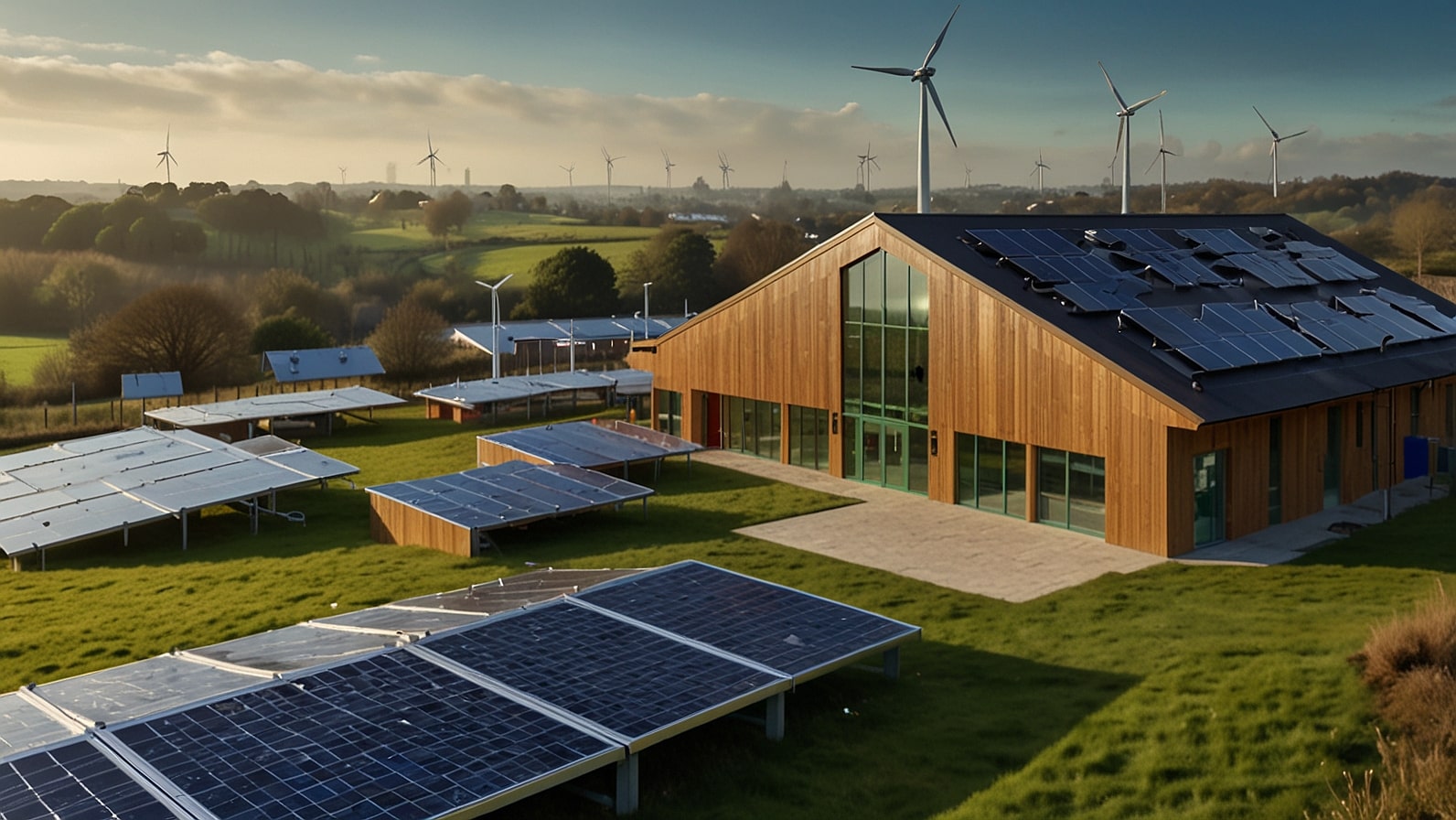 A dynamic illustration depicting community buildings in the UK adorned with solar panels, battery storage, and EV chargers, under a bright blue sky, representing Great British Energy's £10 million funding to cut energy bills and promote green power.