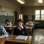 A group of teenage students seated in an exam hall, looking puzzled and whispering to each other, with open poetry anthologies scattered on desks alongside exam papers, illustrating the unintended distribution error during a GCSE English Literature test at Hinchingbrooke School.