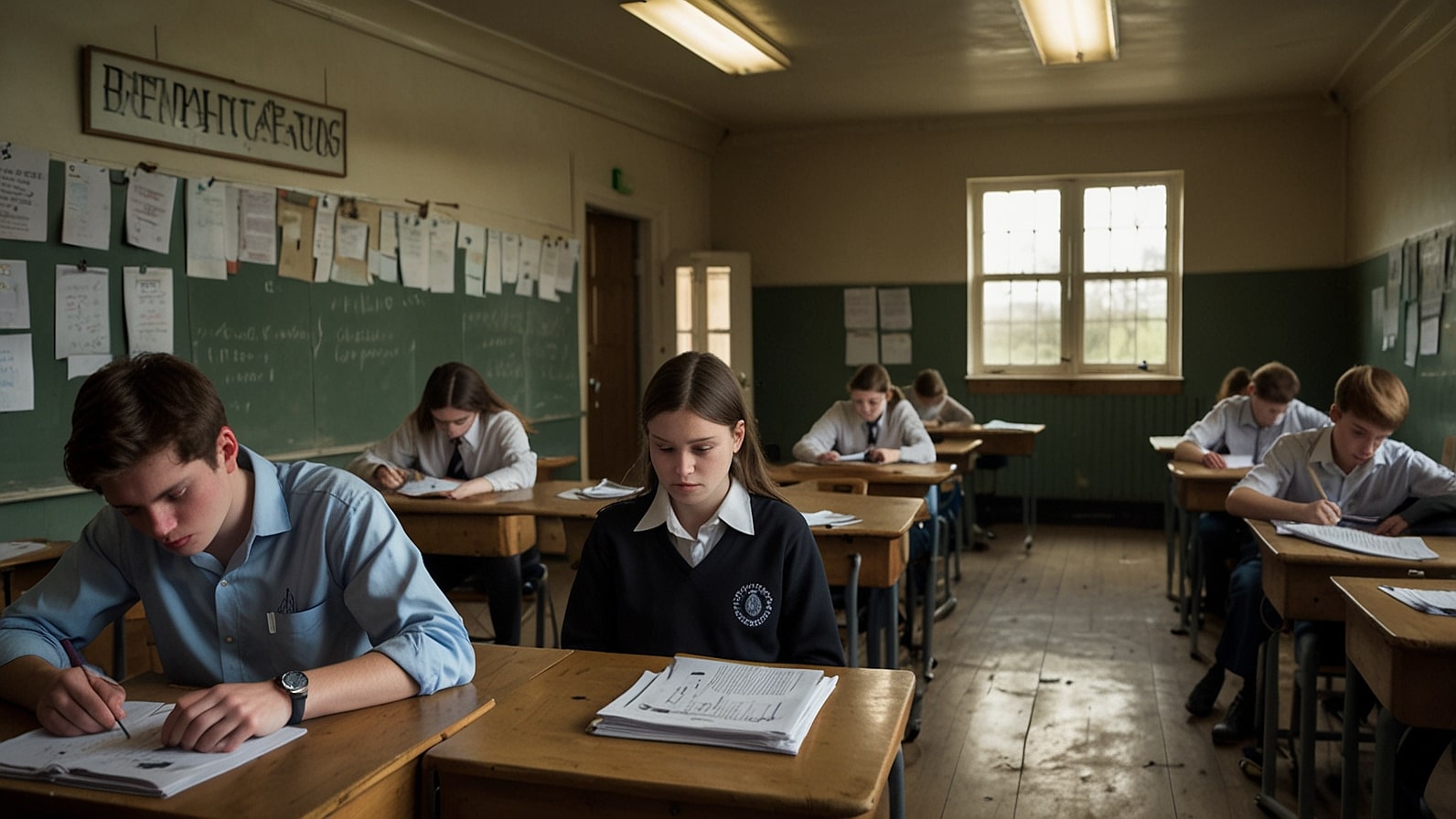 A group of teenage students seated in an exam hall, looking puzzled and whispering to each other, with open poetry anthologies scattered on desks alongside exam papers, illustrating the unintended distribution error during a GCSE English Literature test at Hinchingbrooke School.