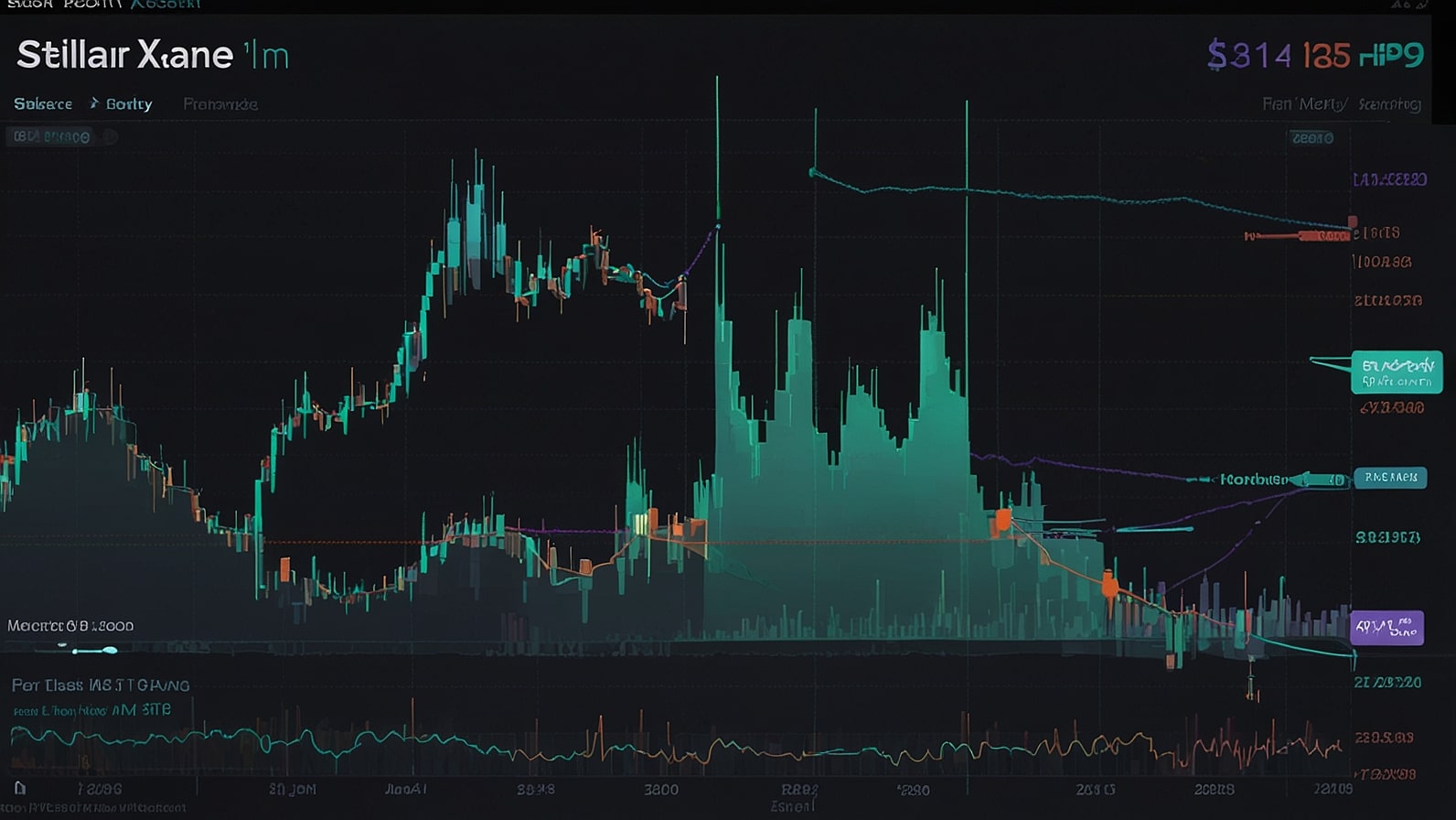 A dynamic line graph showing the recent price surge of Stellar (XLM) cryptocurrency from July 2025, with upward trending green lines against a dark background, including key data points like market cap and volume.