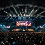 Iconic photo of Liam and Noel Gallagher performing live at Wembley Stadium during Oasis's last show in July 2009, with a massive crowd under stadium lights.