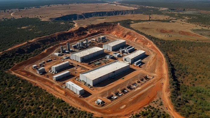 Aerial view of the Zulu Lithium and Tantalum Project site in Zimbabwe, featuring mining equipment and processing facilities surrounded by a rugged landscape.