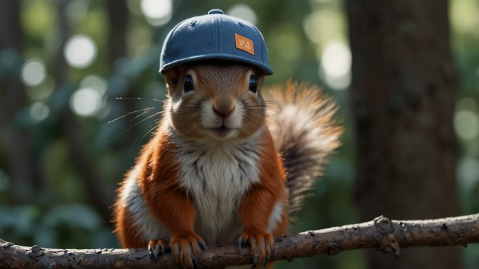 A heartfelt digital illustration of Peanut the Squirrel sitting on a tree branch with a tiny hat, surrounded by a soft glow, social media icons, and a banner reading 