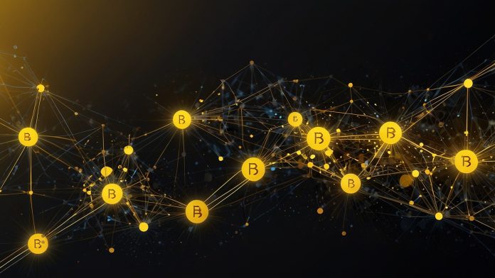 A digital illustration of the Binance Coin (BNB) logo glowing against a dynamic network of interconnected blockchain nodes, with a vibrant yellow and black color scheme.