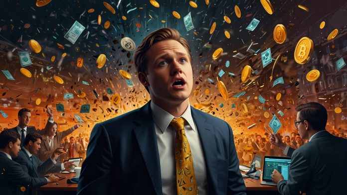 A digital illustration showing a plummeting $HAWK meme coin token amidst a chaotic backdrop of social media icons, legal documents, and angry investor silhouettes, representing the cryptocurrency’s regulatory and financial fallout.