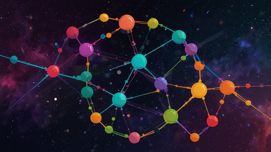 A futuristic digital illustration of a sleek, multicolored relay chain orbiting a cluster of interconnected blockchain nodes, set against a cosmic background with a glowing nebula, symbolizing Polkadot’s cross-chain technology and network expansion.