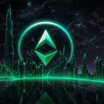 Digital illustration of the Ethereum logo surrounded by swirling storm clouds, legal documents, hacker silhouettes, and upward-trending price charts on a blockchain background.