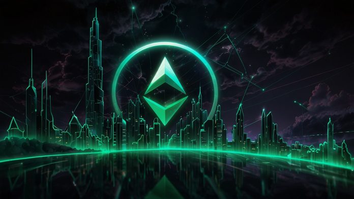 Digital illustration of the Ethereum logo surrounded by swirling storm clouds, legal documents, hacker silhouettes, and upward-trending price charts on a blockchain background.