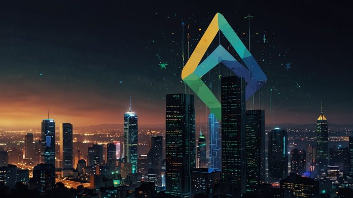A digital illustration of a rising XRP cryptocurrency price chart with a futuristic cityscape background, featuring glowing XRP logos and upward-trending graphs in vibrant blue and green hues.
