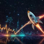 A digital illustration of a rocket labeled "XRP" soaring upward against a backdrop of financial charts and global currency symbols, symbolizing a predicted price surge.