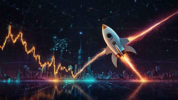 A digital illustration of a rocket labeled 