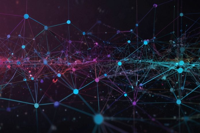 A digital illustration of the Cardano blockchain network, featuring interconnected nodes and glowing ADA tokens against a futuristic blue background.
