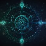 A digital illustration of the Cardano blockchain network, featuring interconnected nodes and the ADA logo against a futuristic blue and green backdrop.