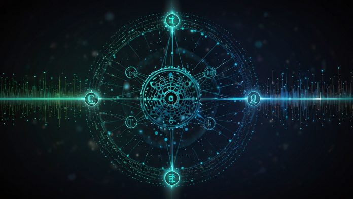 A digital illustration of the Cardano blockchain network, featuring interconnected nodes and the ADA logo against a futuristic blue and green backdrop.