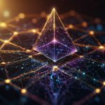 A digital illustration of the Ethereum blockchain network, featuring interconnected nodes and the Ethereum logo glowing in blue against a dark futuristic background.