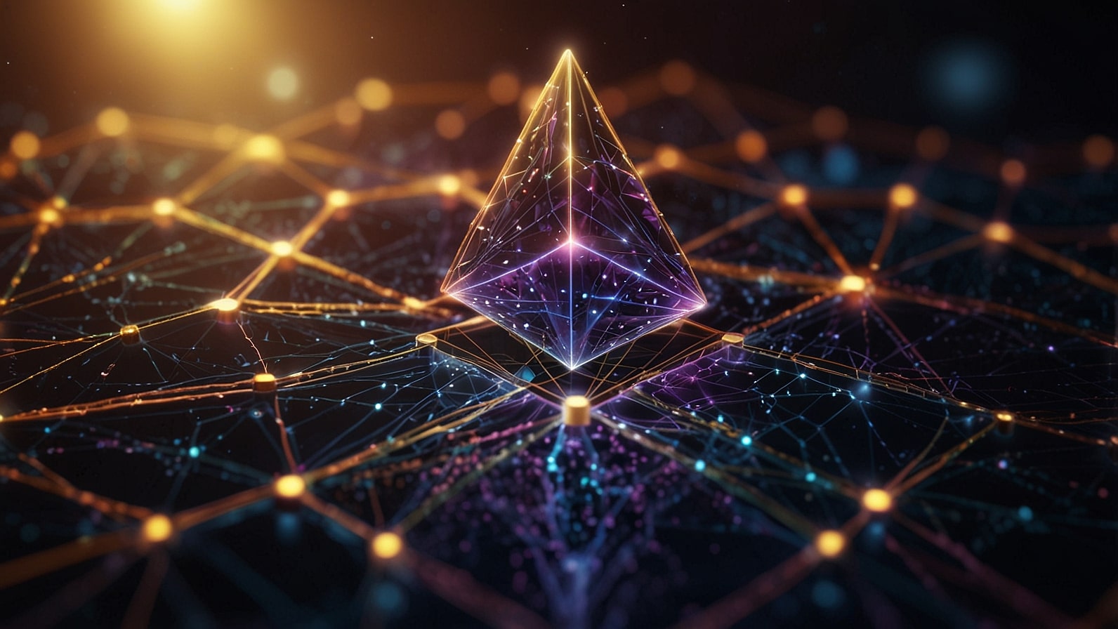 A digital illustration of the Ethereum blockchain network, featuring interconnected nodes and the Ethereum logo glowing in blue against a dark futuristic background.