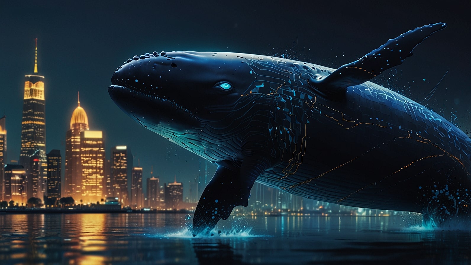 A dynamic digital illustration depicting a massive whale swimming through a blockchain ocean, carrying a glowing $120 million XRP token, with regulatory documents and market charts in the background, symbolising the impact of large crypto transfers.