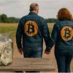 A middle-aged couple walks hand-in-hand down a rural path, wearing matching denim jackets with large orange Bitcoin logos on the back. In the foreground, a glass jar filled with U.S. dollar bills sits on a wooden picnic table, symbolizing a transition from traditional money to cryptocurrency.