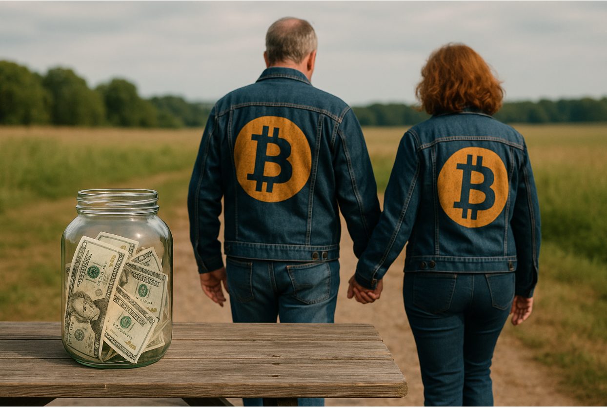 A middle-aged couple walks hand-in-hand down a rural path, wearing matching denim jackets with large orange Bitcoin logos on the back. In the foreground, a glass jar filled with U.S. dollar bills sits on a wooden picnic table, symbolizing a transition from traditional money to cryptocurrency.