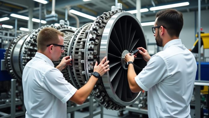 A Rolls-Royce Trent XWB jet engine being assembled in a high-tech manufacturing facility in Derby, UK, surrounded by advanced machinery and skilled engineers.