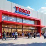 A bustling Tesco supermarket storefront with customers entering and exiting, showcasing a vibrant and modern retail environment.