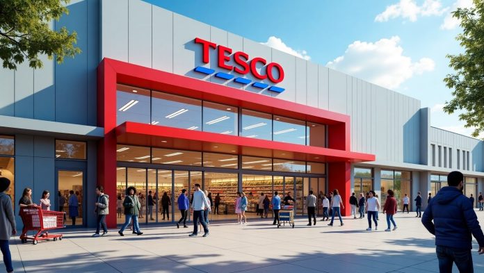 A bustling Tesco supermarket storefront with customers entering and exiting, showcasing a vibrant and modern retail environment.