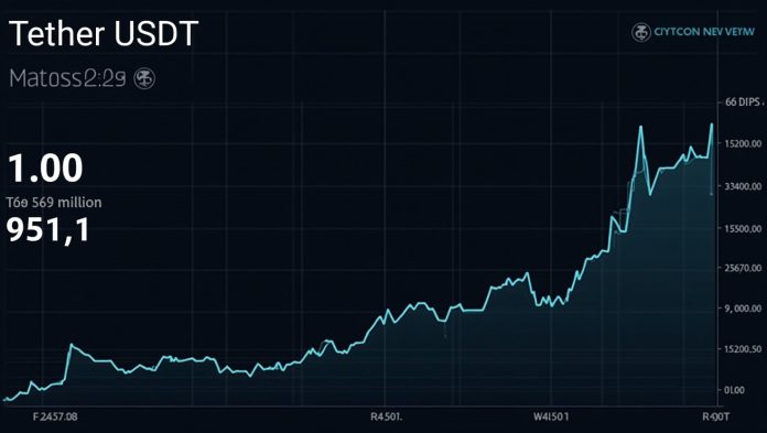 A digital chart displaying Tether (USDT) market data, including its $163.9 billion market cap and $95.11 billion 24-hour trading volume, with a stable $1.00 price point.
