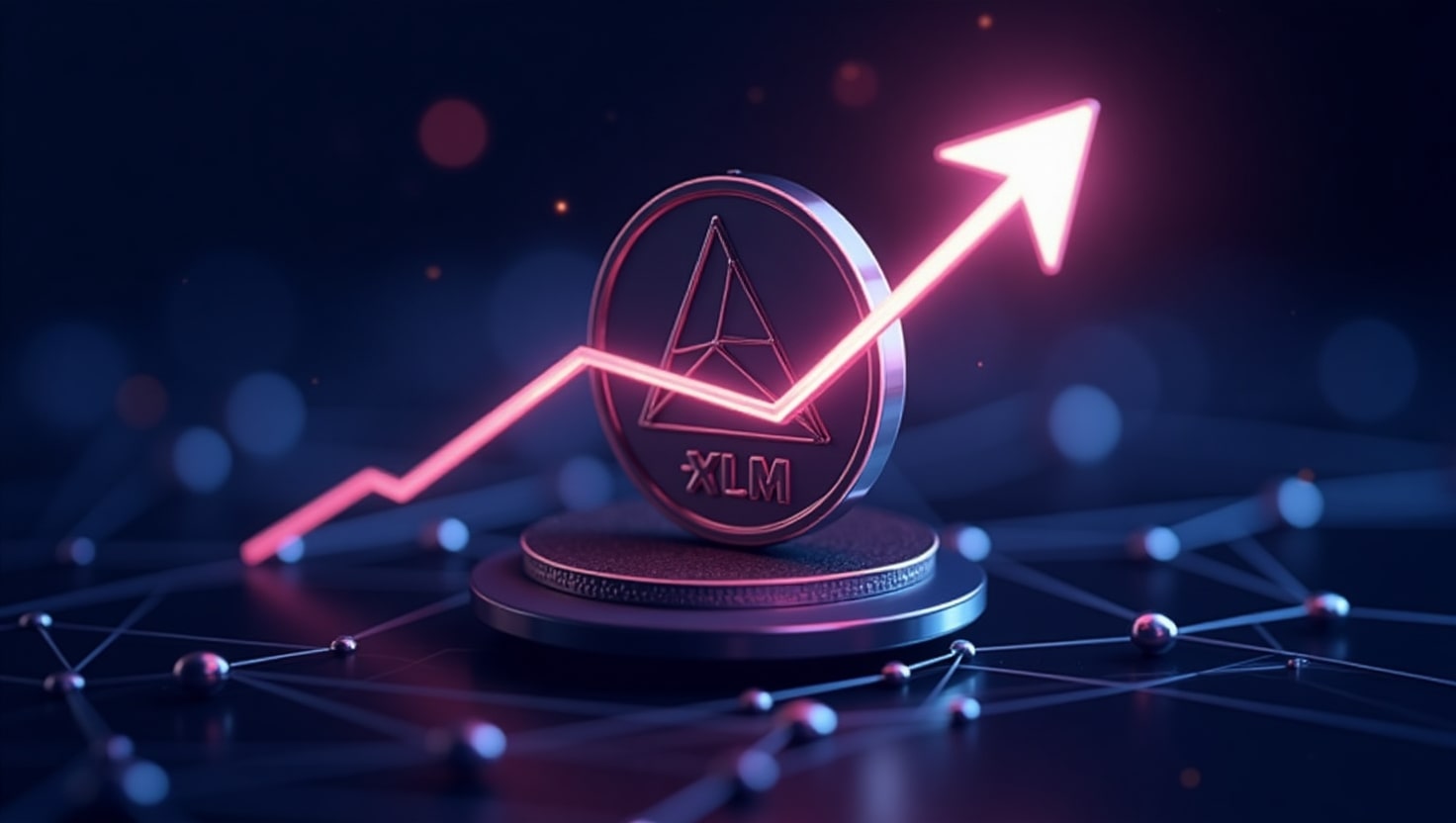 A digital illustration of the Stellar XLM cryptocurrency token with a glowing upward arrow, symbolizing its 2.49% price increase, set against a futuristic blockchain network with interconnected nodes.