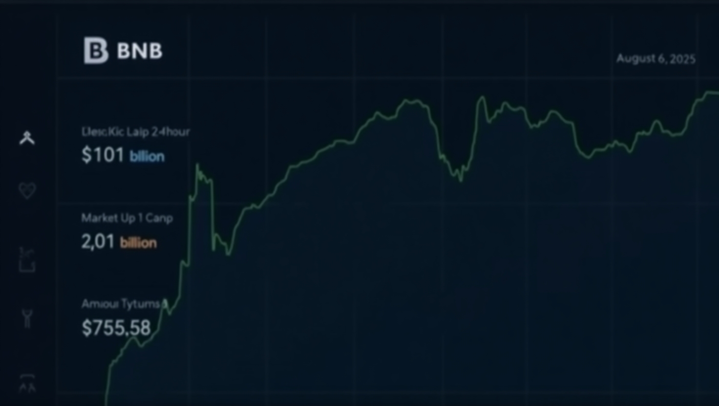 A digital chart showcasing BNB's market data, highlighting its $105.8 billion market cap, $2.01 billion 24-hour trading volume, and current price of $759.58 as of August 6, 2025.